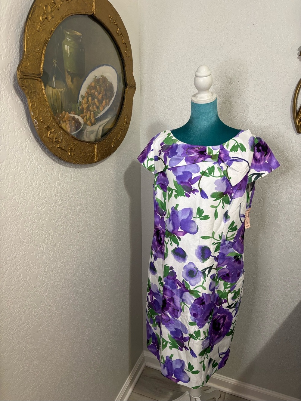 NWT Dressbarn Purple Floral Bow Sheath Dress 16 Cottagecore Peasant Boho Garden